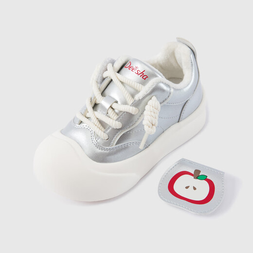 DEESHA Children's Clothing Girls' Shoes 2025 Autumn and Winter New Girls' Velvet Warm Low-top Sports and Casual Shoes Silver 30