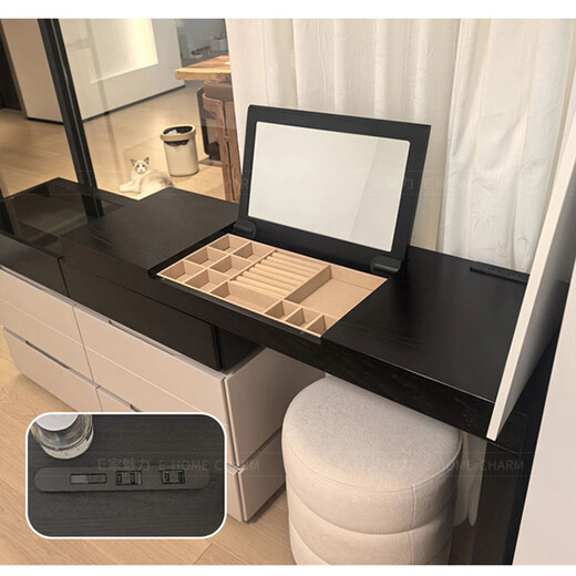 E home charm Italian light luxury flip dresser and drawer integrated bedroom bedside cabinet modern simple storage bedside cabinet dresser flip-up hidden mirror + touch sensor light warm white bull socket + concealed lock 1.2m dresser + 1.2m six drawer cabinet + makeup chair