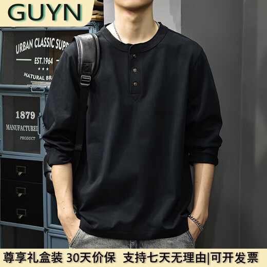 GUYN light luxury men's clothing brand 2025 spring new pure cotton Henry collar long-sleeved T-shirt for men, loose, fashionable and versatile, military green military green 2XL 150175Jin Jin equals 0.5 kg