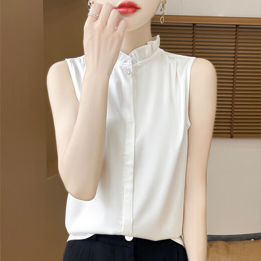 Light luxury and high-end smooth satin shirt for women, sleeveless inner layer with suit vest top, lace for age reduction, white XL 110-120Jin Jin is equal to 0.5 kg