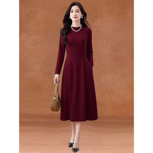 Rabbit style grandma dress autumn and winter plus velvet burgundy woolen dress for women autumn and winter noble light luxury western style mother two pieces red generous and decent to attend important occasions formal XL (suitable for 116-125 Jin Jin is equal to 0.5 kg)