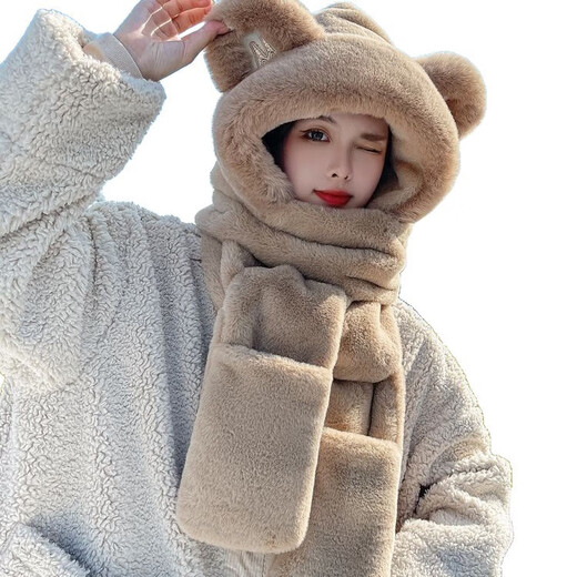 Winter three-piece set, winter cute plush hooded scarf, all-in-one warm gloves, ear protection, neck scarf, bear hat for women, khaki M mark, three-piece set