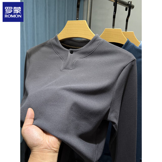 ROMON Double-sided German Velvet Henley Collar Slim Bottoming Shirt Men's Autumn and Winter T-shirt Men's Long Sleeve Warm Brushed Gray M 165