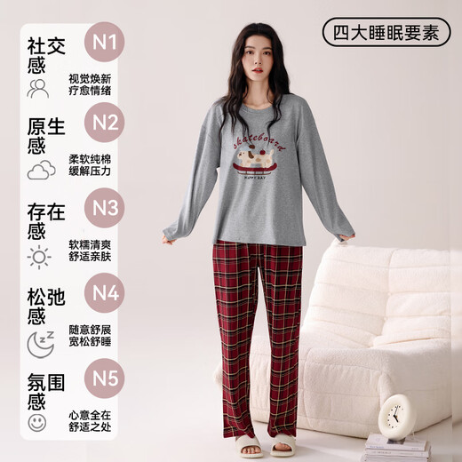 
Cat man pajamas women pure cotton spring and autumn long sleeves 2025 new loose plaid cartoon home clothes grey can be worn outside