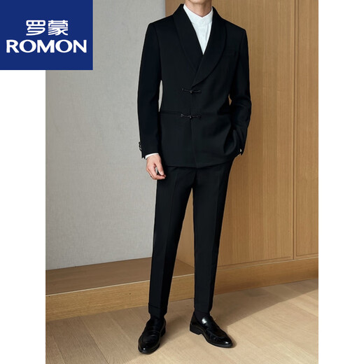 ROMON Chinese style retro buckle dinner suit men's new Chinese tunic green fruit collar suit two-piece groom's dress gray suit + trousers M Recommended - 120 Jin Jin equals 0.5 kg