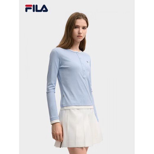 FILA long-sleeved T-shirt for women 2025 winter new color matching fake two-piece casual slim bottoming Henry shirt Legend Blue-NV Unisex S 160/80A