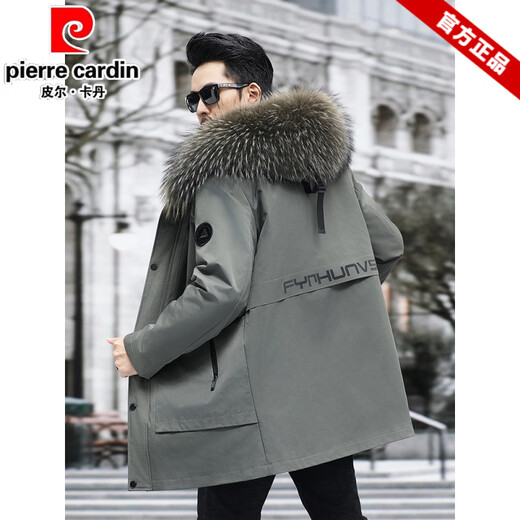 Pierre Cardin Parker Men's 2025 New Winter Fox Fur Liner Fur Integrated Mid-Length Mink Fur Jacket Green Shell + Khaki Fox Fur Liner <Real Fur Integrated> M 90Jin Jin equals 0.5kg -110Jin Jin equals 0.5kg
