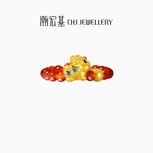 Chao Hongji Gold Swallowing Beast Pixiu Red Agate Pure Gold Gold Ring Women's Bracelet for Girlfriend Birthday Gift Elastic Cord