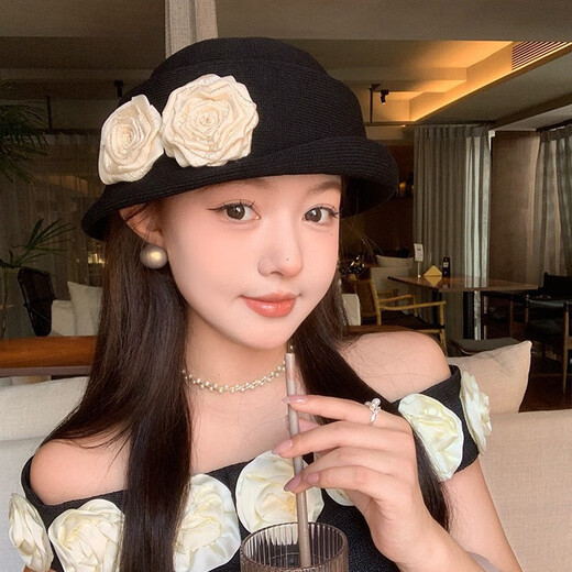 QUEEN TRIP French Elegant Flower Thousand Gold Top Hat Women's Summer Thin Breathable Big Head Circumference Showing Face Small Hepburn Style Beret Hat Flower Top Hat - Black