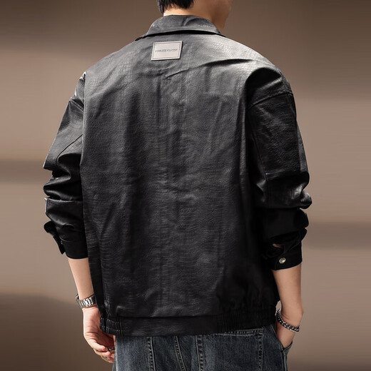 New Balance high-end Japanese retro motorcycle lapel PU leather jacket for men in autumn new high street fashion brand loose bomber jacket for men black L