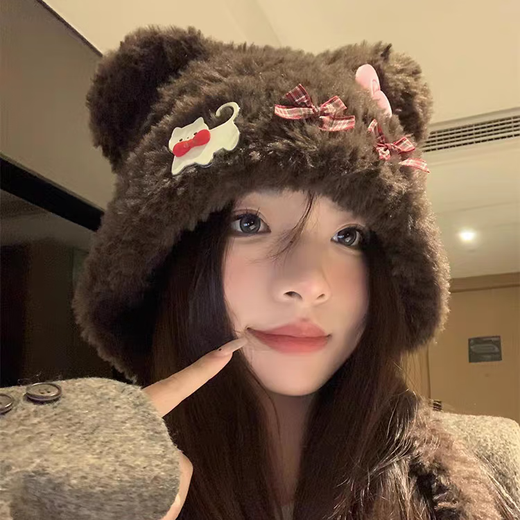 Colorful hat for women, cute little bear ears, cat bow plush hat, autumn and winter warm and ear-protecting Lei Feng hat, small face