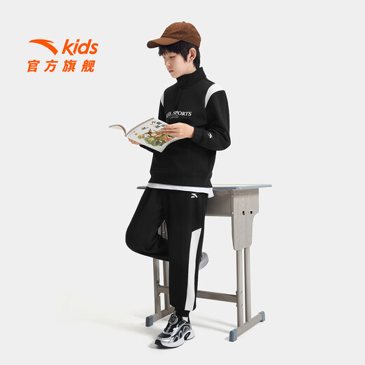 ANTA Children's Suit for Boys and Girls 2025 Autumn School Sports Children's Clothing Outdoor Running Training Knitted Sports Clothes Plus Velvet Style Black Letter Sweatshirt + Black Trousers Skin Warm Velvet 150 cm