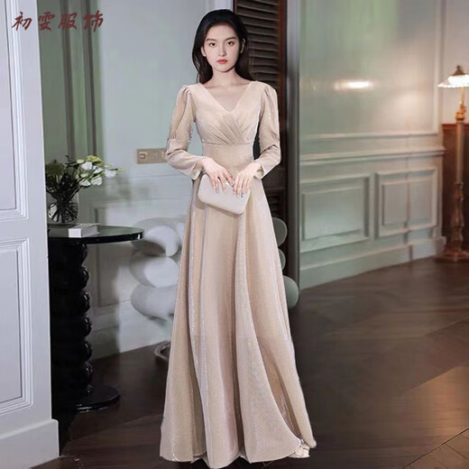 Mei Anjia evening dress women's new banquet temperament light luxury niche high-end long-sleeved annual meeting dress spring and summer hosting champagne gold long style 3XL
