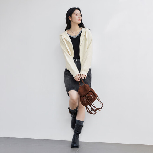 Dialogue (DUIBAI) short hooded hollow knitted cardigan for women 2025 winter new style lazy style casual zipper sweater jacket Moonlight White S