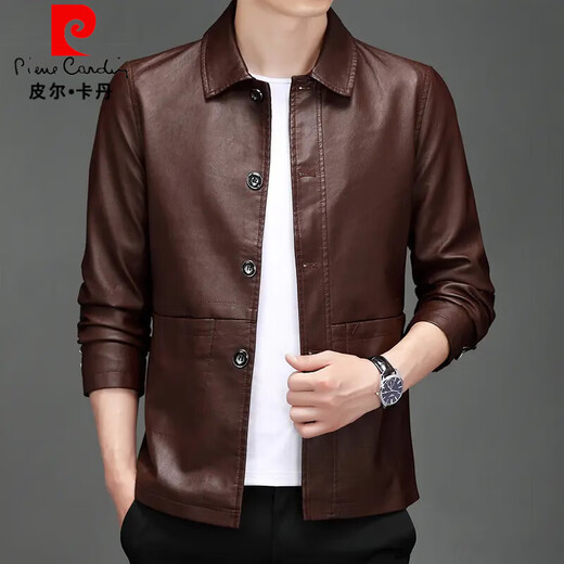 Pierre Cardin Men's Imitation Leather Jacket 2025 Autumn New Winter Dad's Wear Thickened Warm Jacket Young and Middle-aged Lapel Soft Leather Jacket Brown-8022 L Recommended 105-120 Jin Jin equals 0.5 kg