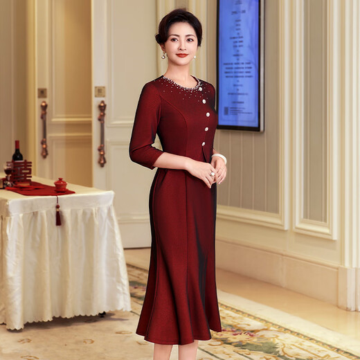 Fumini January high-end brand light luxury happy mother's wedding high-end evening dress eleven temperament happy mother-in-law wedding banquet dress autumn and winter burgundy 3XL