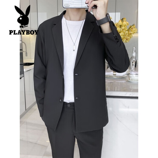 Playboy (PLAYBOY) light mature long-sleeved casual suit men's suit spring and autumn new Korean handsome suit men's suit two-piece black suit jacket + black trousers two-piece set M recommended 105-115 Jin Jin equals 0.5 kg