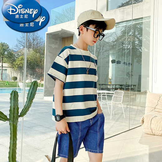 Camiseta a rayas de Disney Boy Camiseta de manga corta 2025 Summer NUEVA CORA COREANA COREANA Top Big Children Street Algodón Half-manga 9732 Striegas + 1227 Negro [comerciante, ropa de moda 120 cm