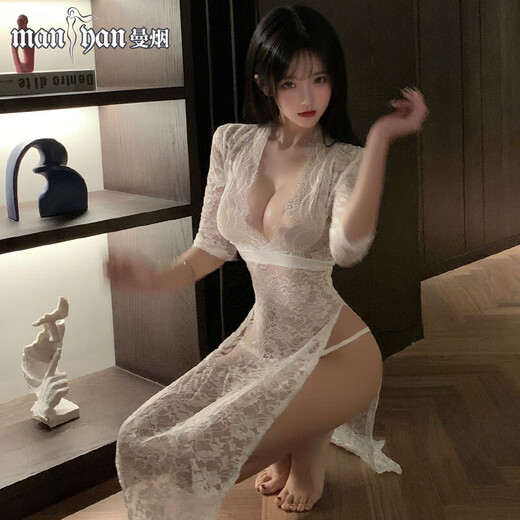 曼烟开档内裤连体紧身衣情趣内衣古风开裆情趣内衣性感大尺度秘书睡衣 白色【蕾丝开衩长裙】+【兔女郎连体衣】送模特袜 均码 【建议体重80-120斤】