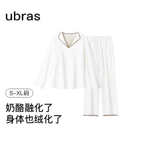 Ubras Liu Wen's same style cheese velvet embroidered lapel pullover pajamas women's home wear set autumn and winter off-white M