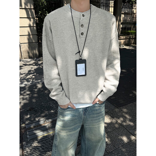 Shelley Jonescleanfit henley collar sweater men's autumn and winter new loose trendy warm sweater with long sleeves white floral gray L recommended 110-125Jin Jin equals 0.5 kg