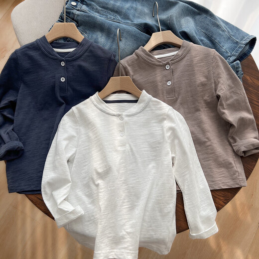 Children's bamboo cotton long-sleeved T-shirt, boys and girls base shirt, Henry collar autumn coat, medium and large children, spring style, children's clothing T1507 white bamboo cotton T-shirt, one size fits all 110cm, suitable for heights of about 100cm