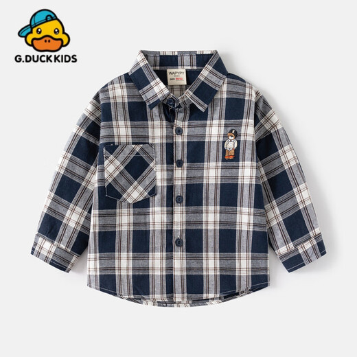 G.duck little yellow duck boy long-sleeved shirt spring children's clothing new 2025 Korean style children's style pure cotton shirt plaid treasure CS2406 Tibetan grid ready stock thin section 90 cm