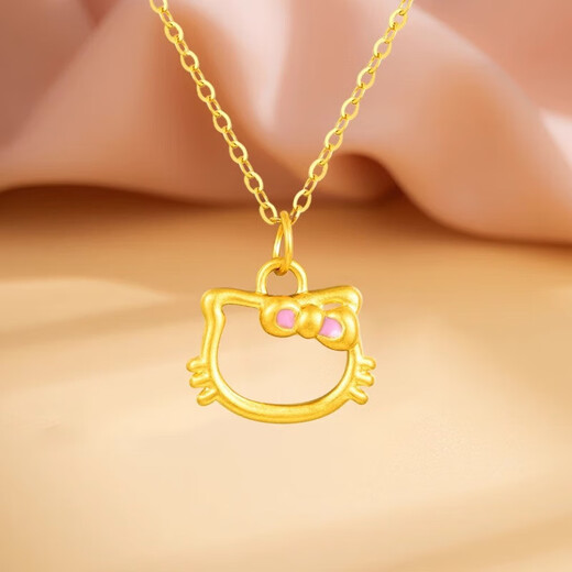 Chow Tai Fook pure gold 999 Kitty hollow cat gold pendant hellokitty bow clavicle necklace Chinese Valentine's Day gift KITTY cat pendant + S925 gold necklace