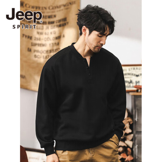 JEEP SPIRIT Jeep retro sweatshirt men's autumn trendy Henry collar half cardigan jacket men's spring and autumn long-sleeved POLO shirt men's black 350g heavyweight XL suitable for 145-160Jin Jin equals 0.5 kg