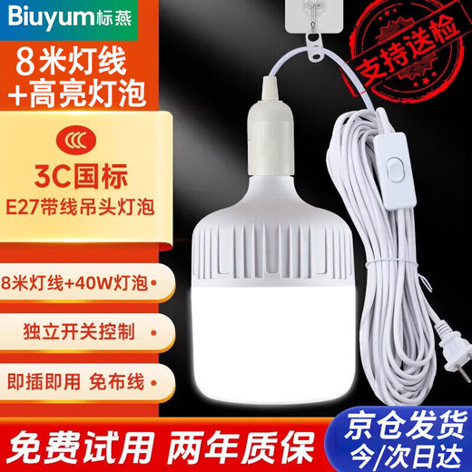Biuyum plug socket chandelier switch extension cord hanging LED energy-saving lamp with cord plug integrated lamp E27 screw socket two plugs 8 meters light cord + 1 40W bulb