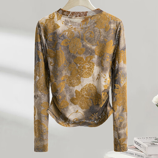 Cypress flower flocked mesh long-sleeved T-shirt for women 2025 autumn new style round neck slim slimming bottoming shirt