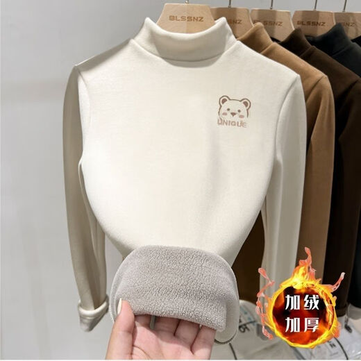 Disney (Disney) velvet thickened bottoming shirt for boys and girls, autumn and winter 2025 German velvet half turtleneck long-sleeved T-shirt, medium and large children's warm top, apricot color bottoming shirt, Doodle bear pattern, thickened 140 cm