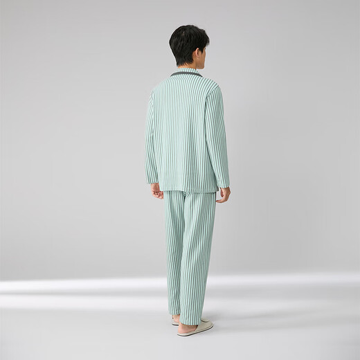 Fenton Pajamas Couple Category A+7A Antibacterial 2025 Autumn New 100% Cotton Striped Cardigan Lounge Wear Set Gray Green-Men's L