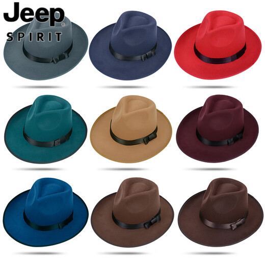 JEEP SPIRIT Shanghai Beach Big Brim Top Hat Men and Women Jazz Hat Black Hat Retro Middle-aged and Elderly Spring Autumn and Winter Woolen Hat Gentleman L142 Large Brim Woolen Black One Size (57-58cm)