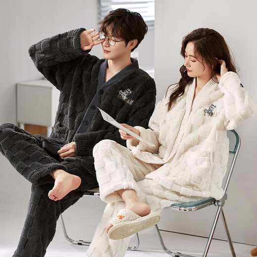Langsha Couple Pajamas Autumn and Winter Coral Velvet Plus Velvet Thickened Men and Women Warm and Wearable Cartoon Home 2-piece Set Line Bear L Women's Style