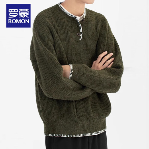 Lomon American retro design casual henley collar sweater for men and women loose autumn couple lazy pullover top green high quality M