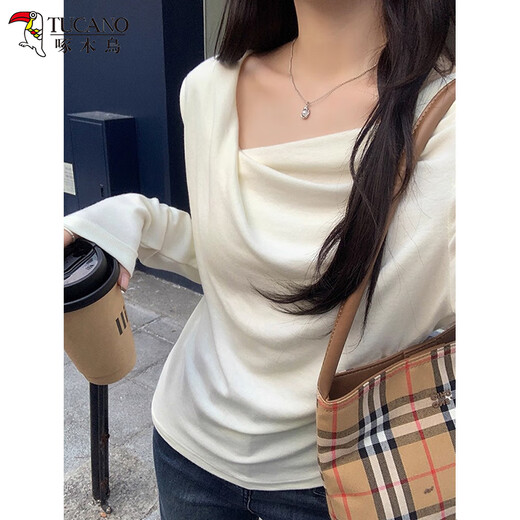 Woodpecker Swing Collar Long Sleeve T-Shirt Women's Autumn New Pure Desire Off-Shoulder Design Slim Bottoming Top Apricot L