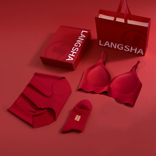 Langsha Red Wedding Underwear Bra Women's Back Button Set Bride and Groom Couple Four Seasons Men's and Women's Underwear Dowry Set