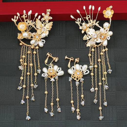 Super fairy Hanfu headdress set, tassel phoenix crown, Xiapei hair accessories, Xiuhe suit, golden costume and ancient style accessories