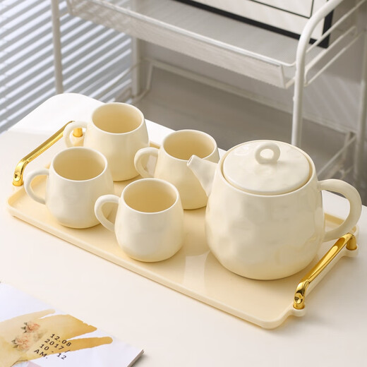 Light luxury household water set with tray, ceramic set, cup, family set, living room teacup, tea set, flower teapot, milky white, 1 pot, 6 cups + tray