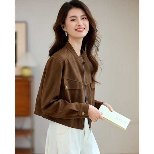 TERRE BLEUE Casual Work Jacket 2025 Spring and Autumn New Product Small Stand Collar Suede Short Jacket Women Brown S