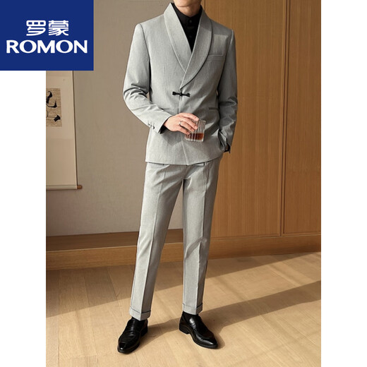 ROMON Chinese style retro buckle dinner suit men's new Chinese tunic green fruit collar suit two-piece groom's dress gray suit + trousers M Recommended - 120 Jin Jin equals 0.5 kg