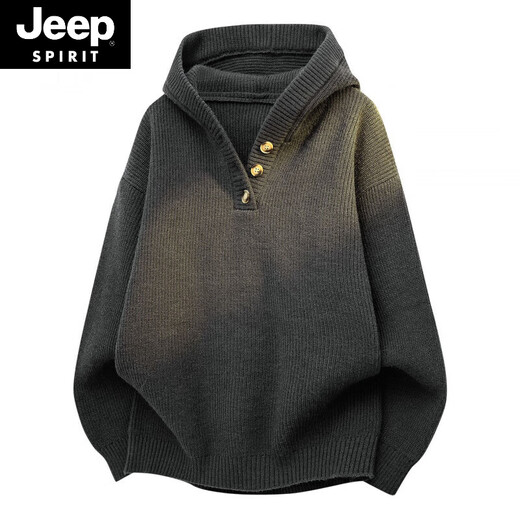 JEEP SPIRIT American Henry Collar Hooded Sweater Men's Lazy Autumn and Winter New Loose Knitted Sweater Casual Jacket Misty Black Gray XL 120-140Jin Jin is equal to 0.5 kg