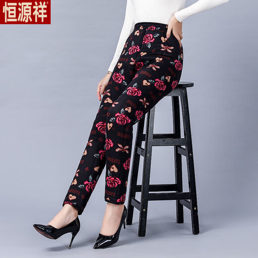 Hengyuanxiang middle-aged and elderly women's trousers, winter clothing, elderly grandma's warm cotton trousers, high-waisted velvet thickened mother's flower pants for outer wear in winter, new colors four, three-layer velvet thickened cotton trousers 4XL recommended 140-160Jin Jin equals 0.5 kg