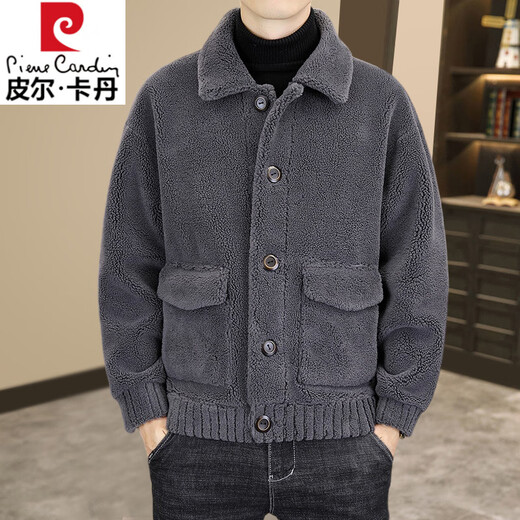 Pierre Cardin Reversible Wool Jacket Men's Autumn and Winter New Fur Jacket Men's Grain Sheep Shear Fur One-piece Men's Lapel Ribbed L 175/92A 120-135Jin Jin is equal to 0.5 kg