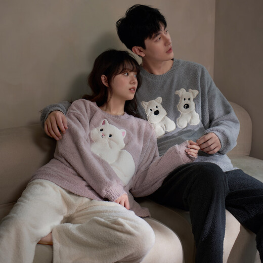 Princess Mark Cute Couple Pajamas for Women Autumn and Winter Thickened Soft Cute Cartoon Cats and Dogs Soft Plush Home Clothes for Men WZTR05900-Soft Cute Cat Couple Women's L
