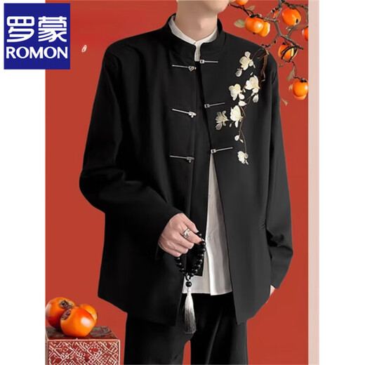 ROMON Haute Couture New Chinese Groom's Suit White Magnolia Flower Embroidered Stand Collar Tunic Suit Jacket Engagement Dress XF66 White Magnolia Black (Single Suit) 2XL
