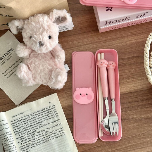 Cute little pig girl spoon fork student chopsticks stainless steel cutlery set cartoon three-piece storage box portable spoon + fork + chopsticks free storage box