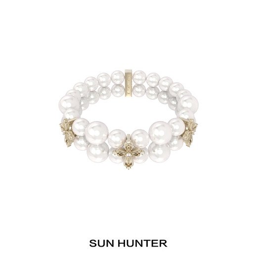 Three horizontal SUN HUNTER lace shimmer double-layer pearl cross bracelet French retro bracelet bracelet Lace cross double-layer bracelet (light titanium)
