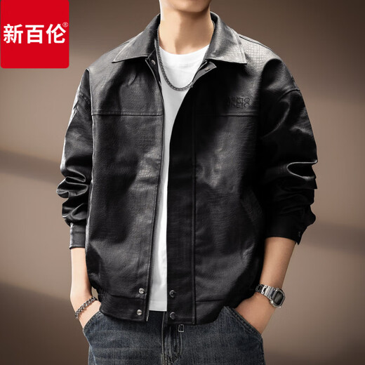 New Balance high-end Japanese retro motorcycle lapel PU leather jacket for men in autumn new high street fashion brand loose bomber jacket for men black L